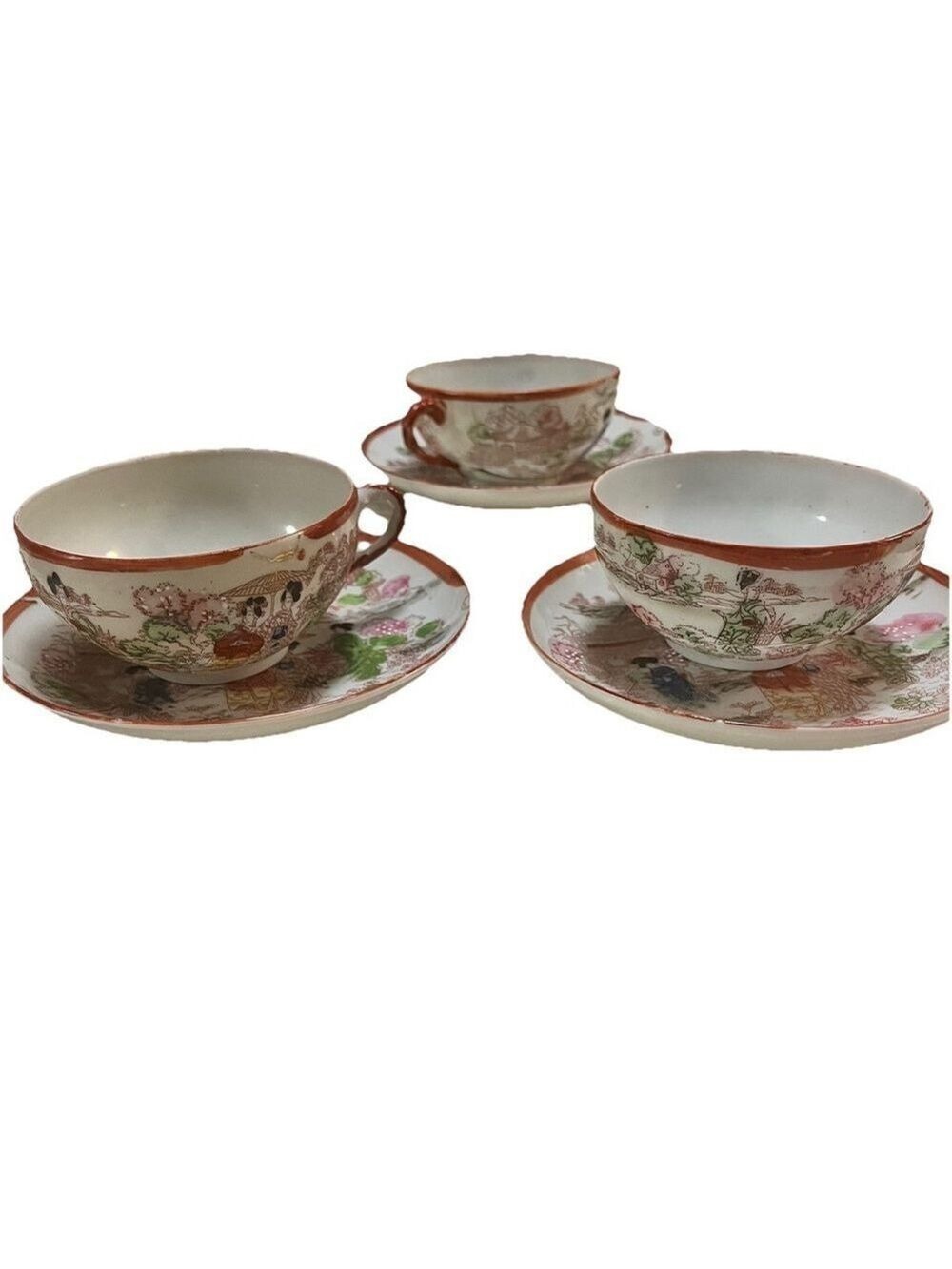 Japan Geisha Porcelain Tea Cup & Saucer Garden Scene Kutani Hand Paint set 3 Vtg